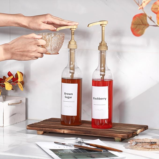 Bokon Coffee Syrup Dispenser 25.4 oz 750 ml Drinking Syrup Pump Bottles with Comprehensive Label Set and Funnel for Coffee Bar Accessories Essentials(Gold,4 Pcs)