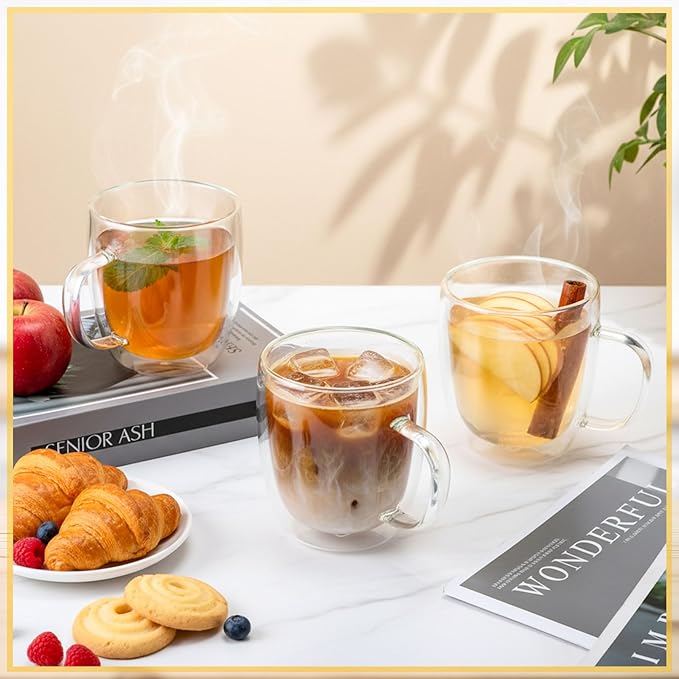 Patelai Pcs 16oz Clear Glass Coffee Mugs Double Walled Coffee Cups Glasses Insulated Latte Mugs with Handle Espresso Clear Cups for Cappuccino Tea, Heat Resistant Borosilicate Glasses for Home Bar