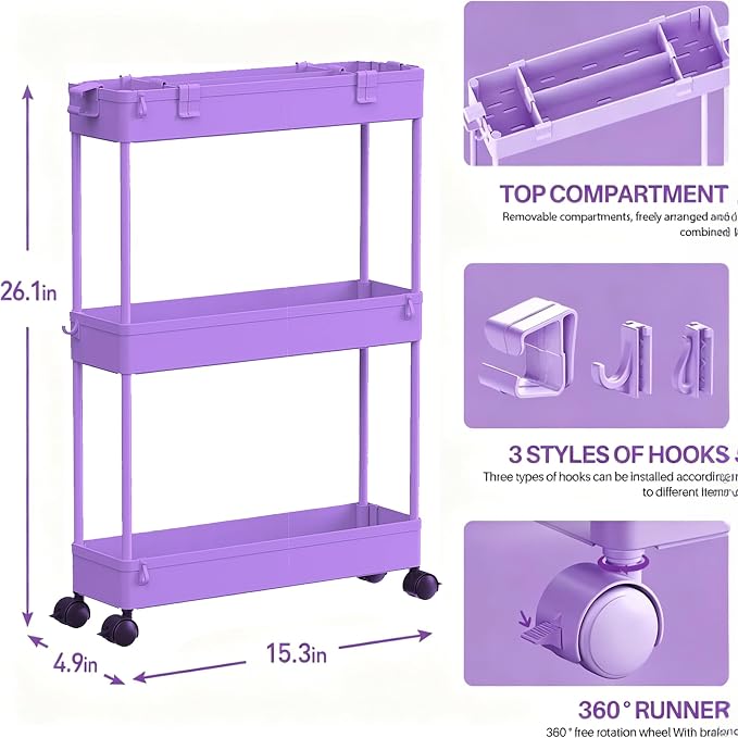 SPACELEAD 2-piece Set Slim Storage Cart 3 Tier,Bathroom Organizer Rolling Utility,Mobile Shelving Unit Slide Out for Office, Kitchen, Laundry Room & Narrow Places