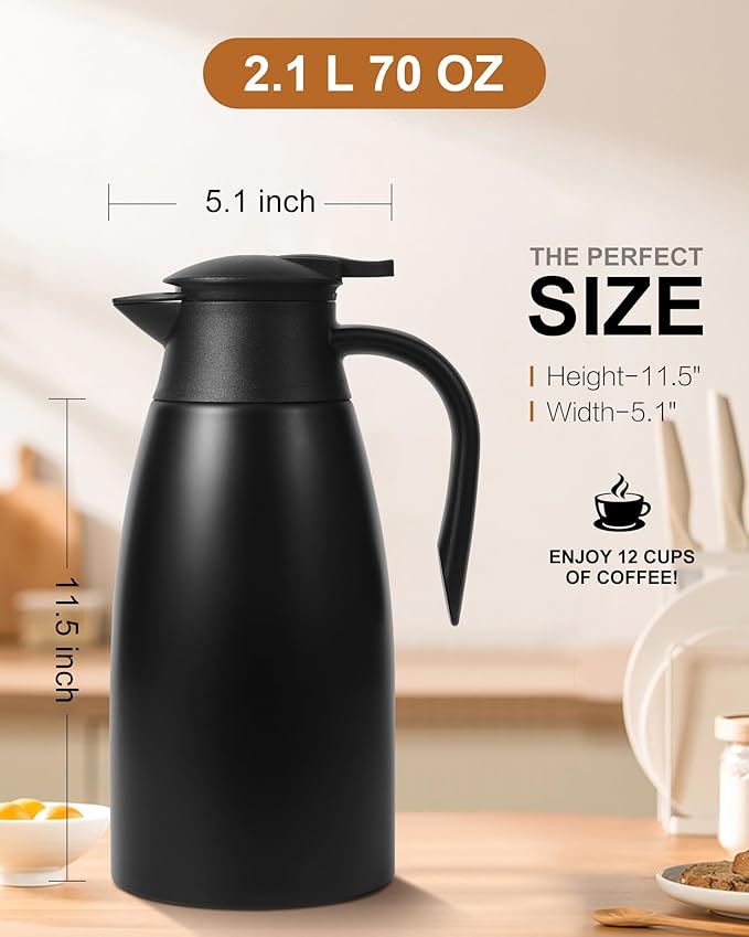 70Oz Thermal Coffee Carafe for keeping hot, Airpot Insulated Carafe Stainless Steel Thermal Pot for Coffee, (black+black)