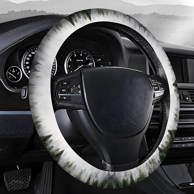 Steering Wheel Covers for Car, Truck, and SUV, Cute Non-Slip Breathable Elastic Steering Wheel, Car Accessories, Universal 15 Inch Leather Cover for Men Women Green Forest