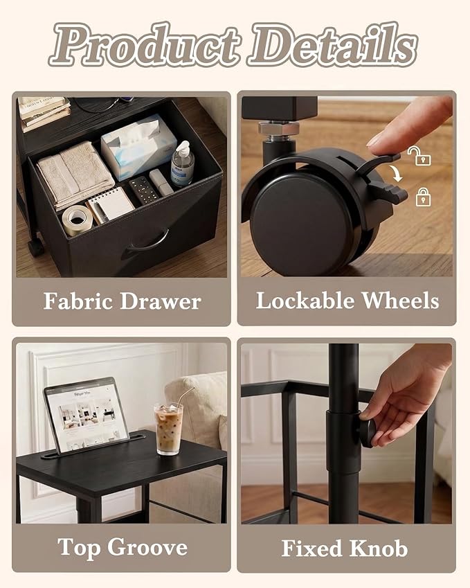 Faesun Swivel Lift Top Nightstand with Charging Station, Rolling Side Table for Recliner, Bedside Table with Wheels & a Fabric Drawer, for Small Spaces, for Bedroom, Living Room, Black