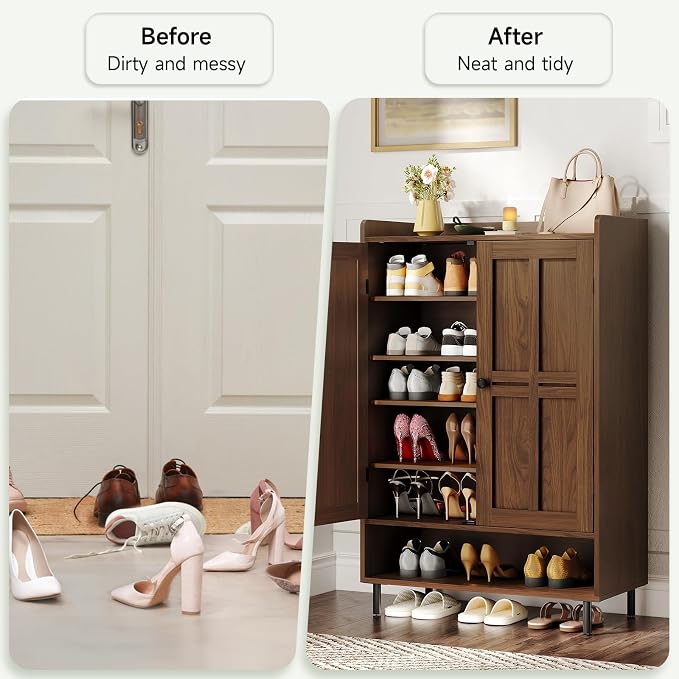 ONBRILL Shoe Cabinet with Cross Molding Doors, 6-Tier Shoe Storage Cabinet with 3 Adjustable Shelves and Metal Legs, 45'' Tall Shoes Rack Organizer Cabinet for Entryway, Front Door, Walnut