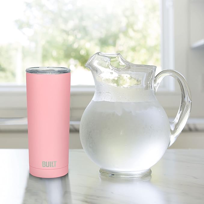 BUILT 20 Ounce Double Wall Vacuum Sealed Stainless Steel Coffee and Water Tumbler Easy to Clean Tritan Lid with Rotating Splash Guard, Pink (5286294)