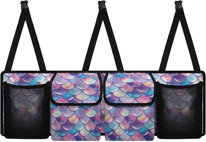 CLOHOMIN Colorful Fish Scale Car Trunk Organizer for Sedan Truck SUV Van Back Seat Storage with 4 Pockets Hanging Car Cargo Trunk Storage Organizer Bag