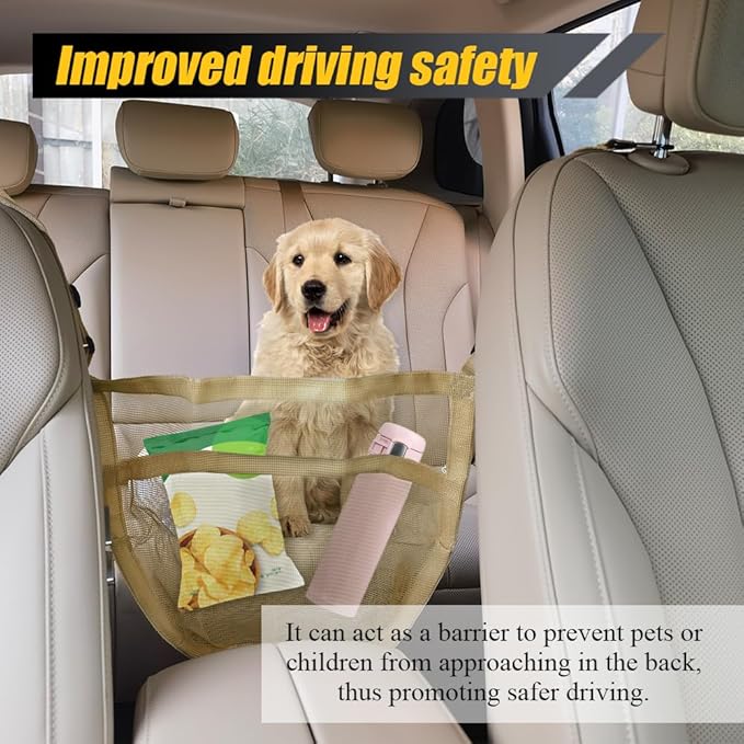Car Mesh Organizer, Between Seat Car Organizer, Barrier of Backseat Pet Kids, Universal Car Interior Accessories Net Pocket Vehicle Mesh Organizer Suitable for Most Cars, SUVs (Dark Khaki)