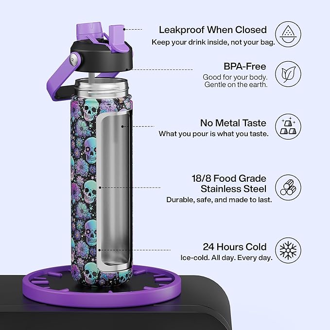 ENCOOL Insulated Water Bottle with Straw Stainless Steel Water Bottle, Leak-Proof, BPA-Free, Double Wall Vacuum Keeps Cold for 24 Hours for Sports, Travel, School (26 oz, Floral Afterlife)