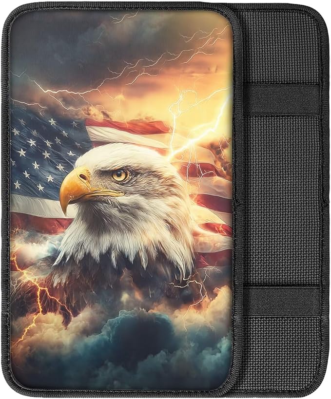 Mintutlipy Eagle USA Flag Print Car Armrest Cover Soft Cushion Automotive Center Console Pad Cover Soft Comfort Fabric Easy to Install