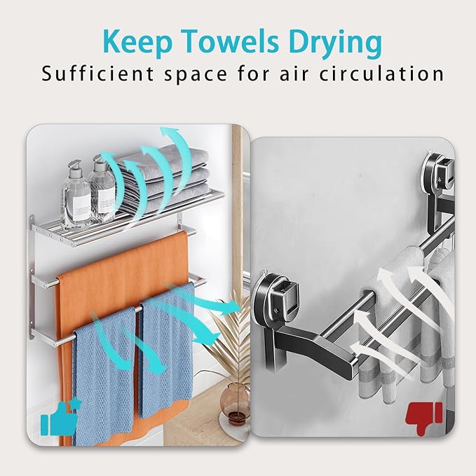 24 inch Towel Racks for Bathroom, VOTZAAQ Towel Shelf with Double Towel Bar, Stainless Steel Towel Storage for Lavatory Wall Mounted, 3-Tier Towel Hanger Towel Holder, Brushed Nickel