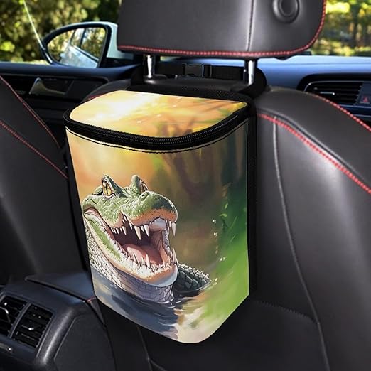 DISNIMO Crocodile Hanging Car Trash Can Black Car Garbage Storage Bag with Lid Auto Rubbish Bin Leak-Proof Cars Trash Can Portable Organizer for Men Women Keeps Clean