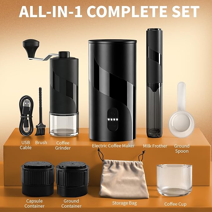 Portable Electric Espresso Machine Set - Travel Coffee Maker Pack for Camping, with Ground Coffee & NS Capsule, Electric Milk Frother, Grinder, Gift for Coffee Lover, for Car, RV, Hiking, Office