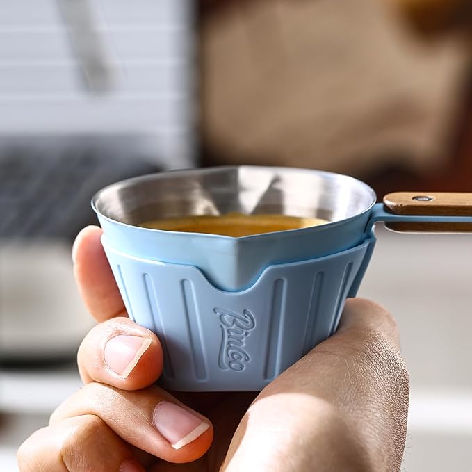 Espresso Shot Cup with Dual Spout - Espresso Measuring Cup with Wood Handle and Anti-Scald Cover, Stainless Steel Espresso Pouring Cup for Home & Cafe Use, 90ML/3oz