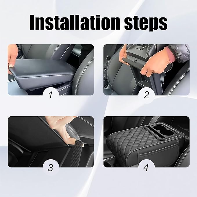Car Center Console Armrest Cushion, Memory Foam Ergonomic Car Arm Rest Cushion with Cup Holder & Phone Storage& 2 Sided Pockets, Waterproof Leather Armrest Box Protector, 13.78" x 7.78" (Black)