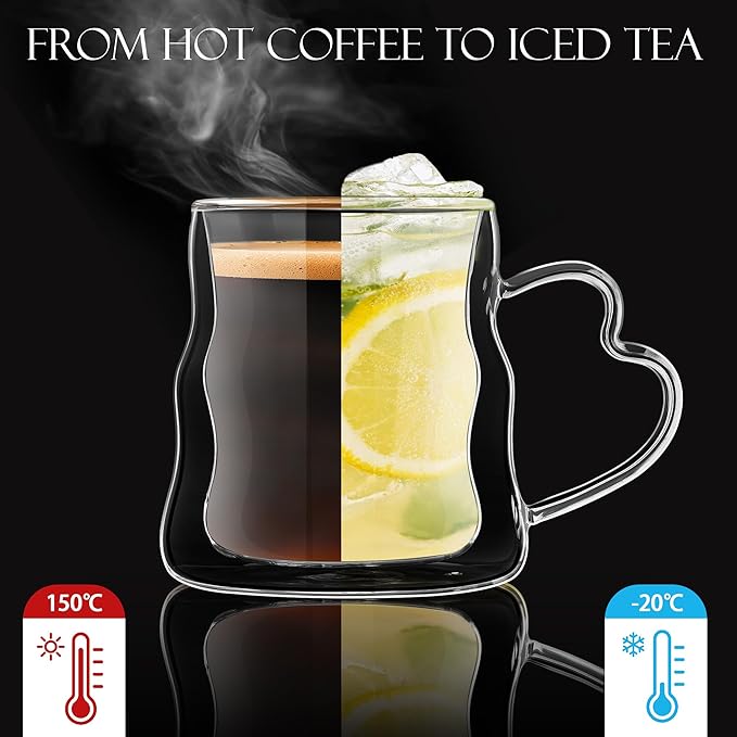 Joeyan 16.9oz Double Walled Insulated Coffee Mugs - Set of 2, Large Clear Latte Cappuccino Tea Espresso Cups with Handle, Heat Resistant Borosilicate Glass Drinking Coffee Mug for Hot Cold Drinks