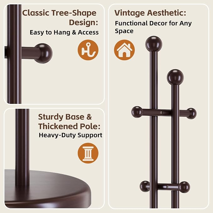 Uniclinens Wood Coat Rack Freestanding - Heavy Duty Freestanding Coat Rack, Wooden Coat Stand with 6 Hooks Creative Tree Branch-look for Entryway, Hallway, Bedroom (Dark Walnut)