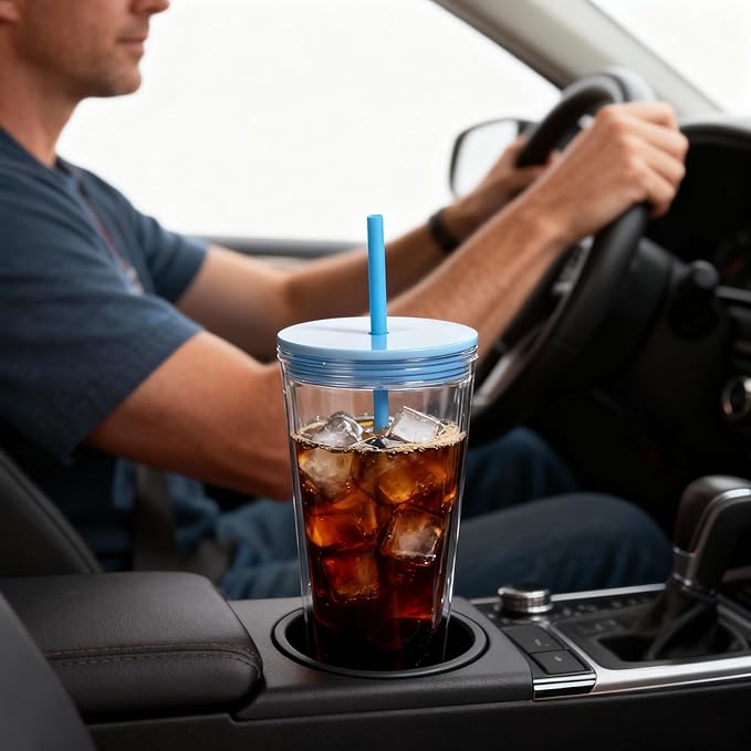 24oz Tumbler with Lid and Straw, Leak Proof and Double Wall Insulated Reusable Plastic Cups,Travel Reusable Iced Coffee Cup (2, Blue)