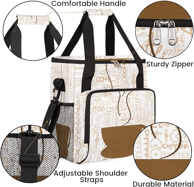 Coffee Cup Coffee Maker Carring Bag Coffee Texts Travel Carrying Storage Tote Bag Compatible with Keurig K-Mini or K-Mini Plus Portable Single Serve Coffee Brewer Case with Pockets for K-cup Pods