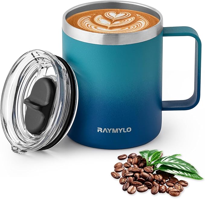 Insulated Coffee Mug 12 oz, Double Wall Stainless Steel Coffee Mug with Lids, Leak-Proof & Detachable Slider Lid for Thorough Clean, Keeps Coffee Cold for 9 Hrs, Suitable for Camp Home Office