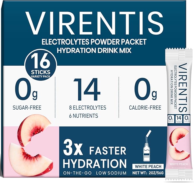 16 Sticks Electrolytes Powder Packets Sugar Free Hydration Packets Liquid Daily IV Electrolyte Drink Mix for Rehydration with 8 Electrolytes & 6 Vitamins, Low Sodium, White Peach
