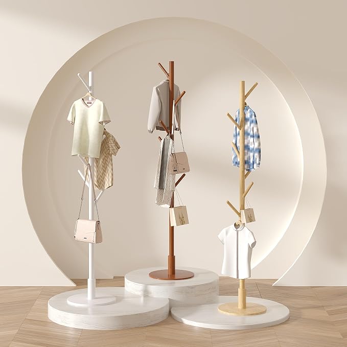 VECELO Coat Rack Freestanding, Entryway Hanger Stand, Umbrella Holder, Hall Tree With Hooks, Floor Standing Tree Stand,Walnut