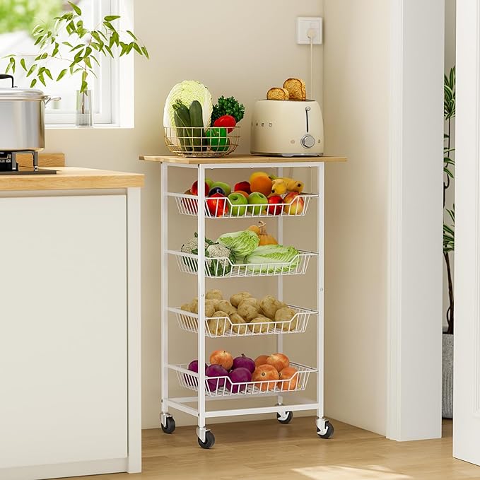 Kitchen Microwave Cart with Fruit Baskets, 5 Tier Microwave Table Stand with Fruit Vegetable Storage Small Rolling Cart on Wheels, Floor Organizers and Storage for Pantry Kitchen, Living Room