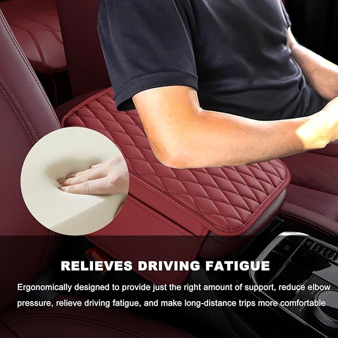 Car Center Console Cover, Waterproof Leather Arm Rest Cushion Pad with 2 Storage Bags, Anti-Scratch Armrest Seat Box Protector Interior Accessories for Most Vehicles (Red)