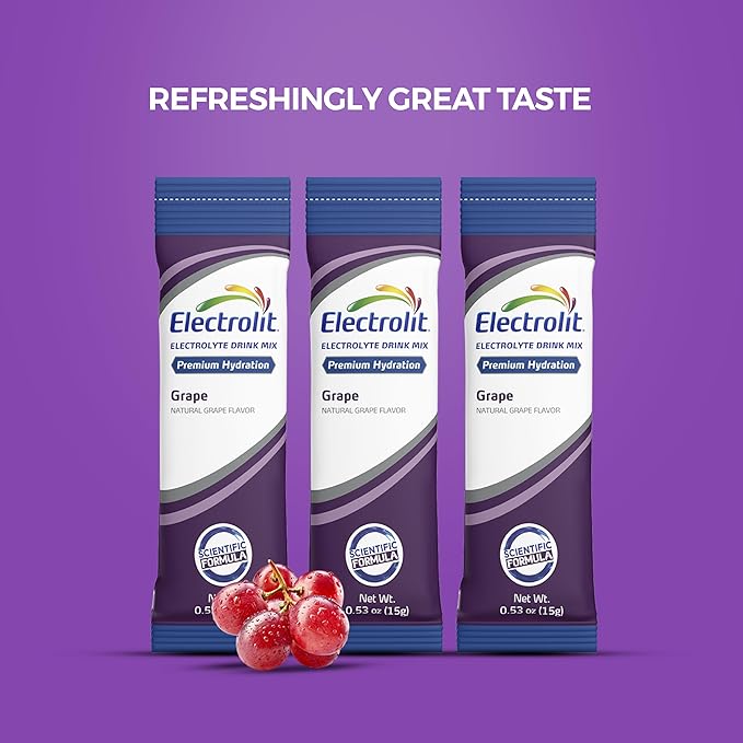 Electrolit Electrolytes Powder Packets, Grape 8 Pack, Powdered Hydration Packets for Dehydration & Rehydration, Post Workout Flavored Hydrating Drink Mix, Gluten Free Daily Water Enhancer Sticks