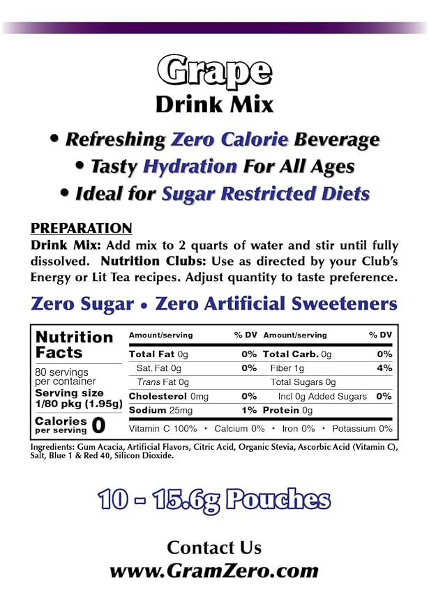 GramZero Grape, Sugar Free Drink Mix, Pitcher Pack, Great For Nutrition Club Loaded Tea, Zero Calorie, Stevia Sweetened