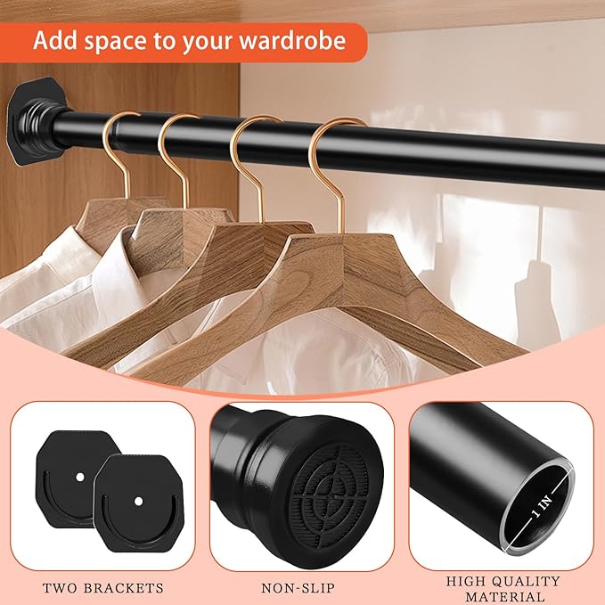 Closet Rod - 30-64 Inches, No Drilling Closet Rod Extender Hanging - Matte Black Adjustable Clothes Hanging Bar, for Closet, Bathroom, Windows with No Drilling Holder