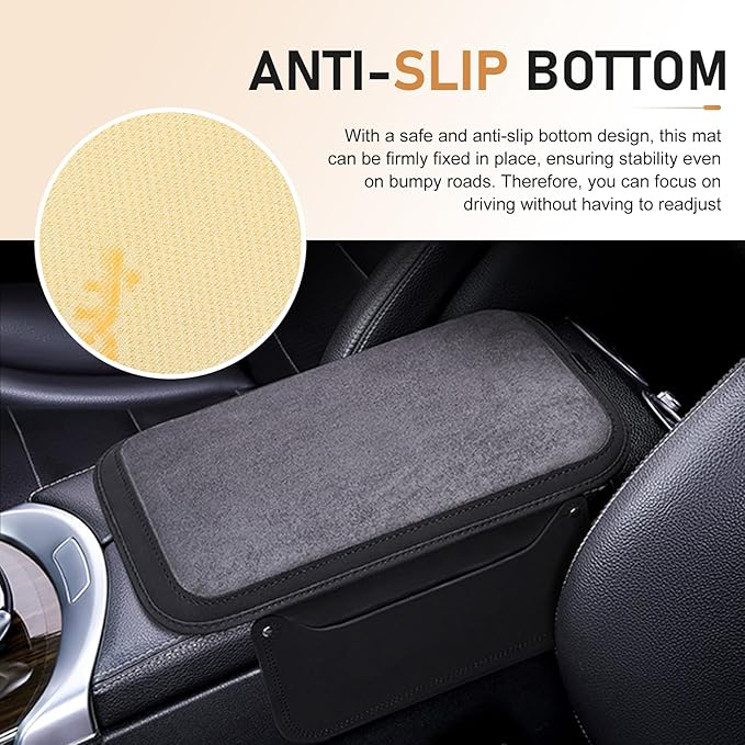 Upgraded Car Center Console Cover, Furry Soft & Comfortable Center Elbow Cushion with Two Side Storage Pockets, Luxury Leather Plush Armrest Pad Decoration, for Most Vehicles (Black)