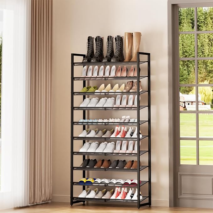 Shoe Rack, 10-Tier Metal Shoe Organizer, Tall Shoe Rack for Closet,entryway,Garage, with Adjustable Flat or Angled Shelves, 42-50 Pairs,Shoes that can accommodate The Whole Family.