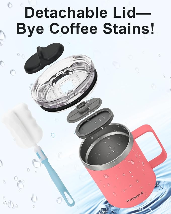 Insulated Coffee Mug 12 oz, Double Wall Stainless Steel Coffee Mug with Lids, Leak-Proof & Detachable Slider Lid for Thorough Clean, Keeps Coffee Cold for 9 Hrs, Suitable for Camp Home Office