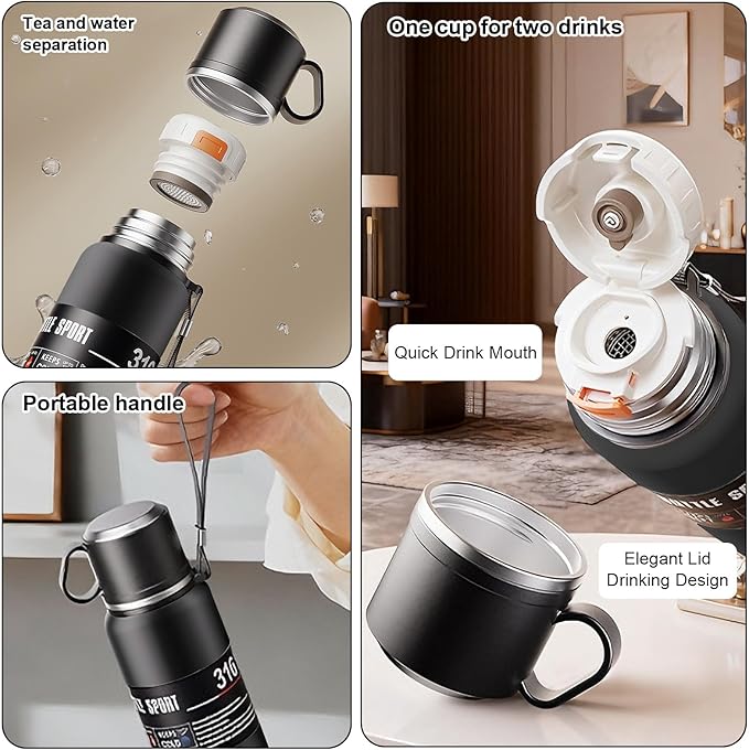 Double wall vacuum Leakproof stainless steel wide mouth insulated water bottle;tea tumbler with tea strainer infuser basket,cup and lid; travel coffee thermoses hot drinks;portable cold thermal flask