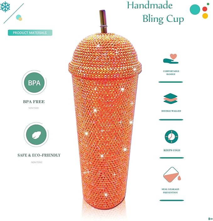 24oz Bling Cup Handmade Rhinestones Studded Tumbler Double Wall Insulated Plastic Reusable Water Bottle with Lid and Straws for Home Office Party Beach(Orange)