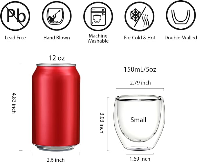 Double Walled Espresso Cups Set of 4, 5oz Clear Expresso Mugs, Small Insulated Espresso glasses for Coffee Machines