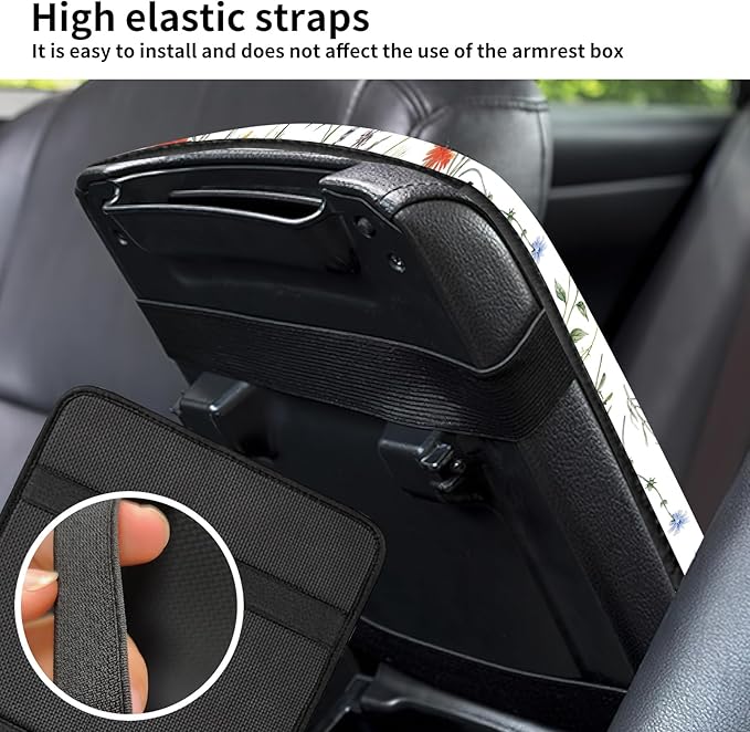 Car Center Console Cover, Universal Soft Large Neoprene Auto Armrest Seat Box Cover, Funny Car Decor Accessories Fit for Most Cars, Vehicles, SUVs Cute Beautiful Wildflowers