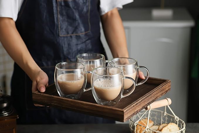 KitchenTour Insulated Coffee Mug 8 oz- Double Wall Glass Coffee Cup with Handle Set of 4 - Clear Glass Drinkware for Espresso，Cappuccino, Latte，Hot Beverages