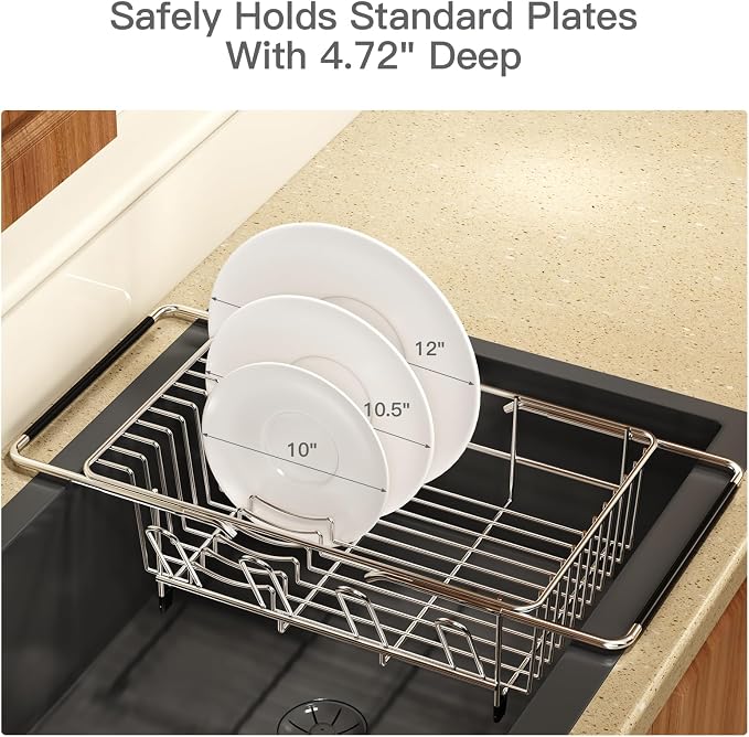 MAJALiS Dish Drying Rack Over The Sink with Utensil Holder, Drainboard | Expandable Stainless Steel Dish Drainer for Small Kitchen, Apartment, RV, Counter Space Saving, Perfect Fit, Rustproof