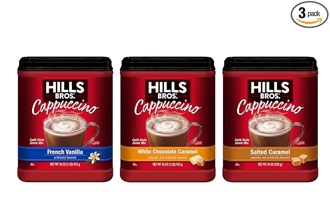Hills Bros. Cappuccino Mix – Rich, Frothy Coffeehouse-Tasting Instant Drink Mix – Quick and Easy Preparation – Perfect for Hot & Iced Drinks & Creaming Coffee – Rich Variety Pack, 2 Packs of 16oz & 1 Pack of 14oz