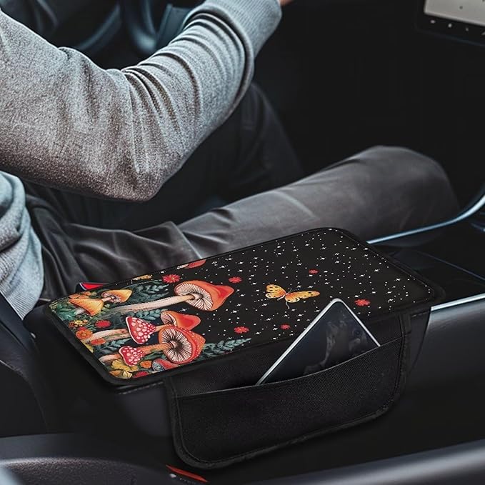 Dreaweet Mushroom Car Accessories Armrest Cover for Truck SUV Van,Black Center Console Covers with Pockets,Soft Comfy Arm Rest Cover Pad Universal Fit