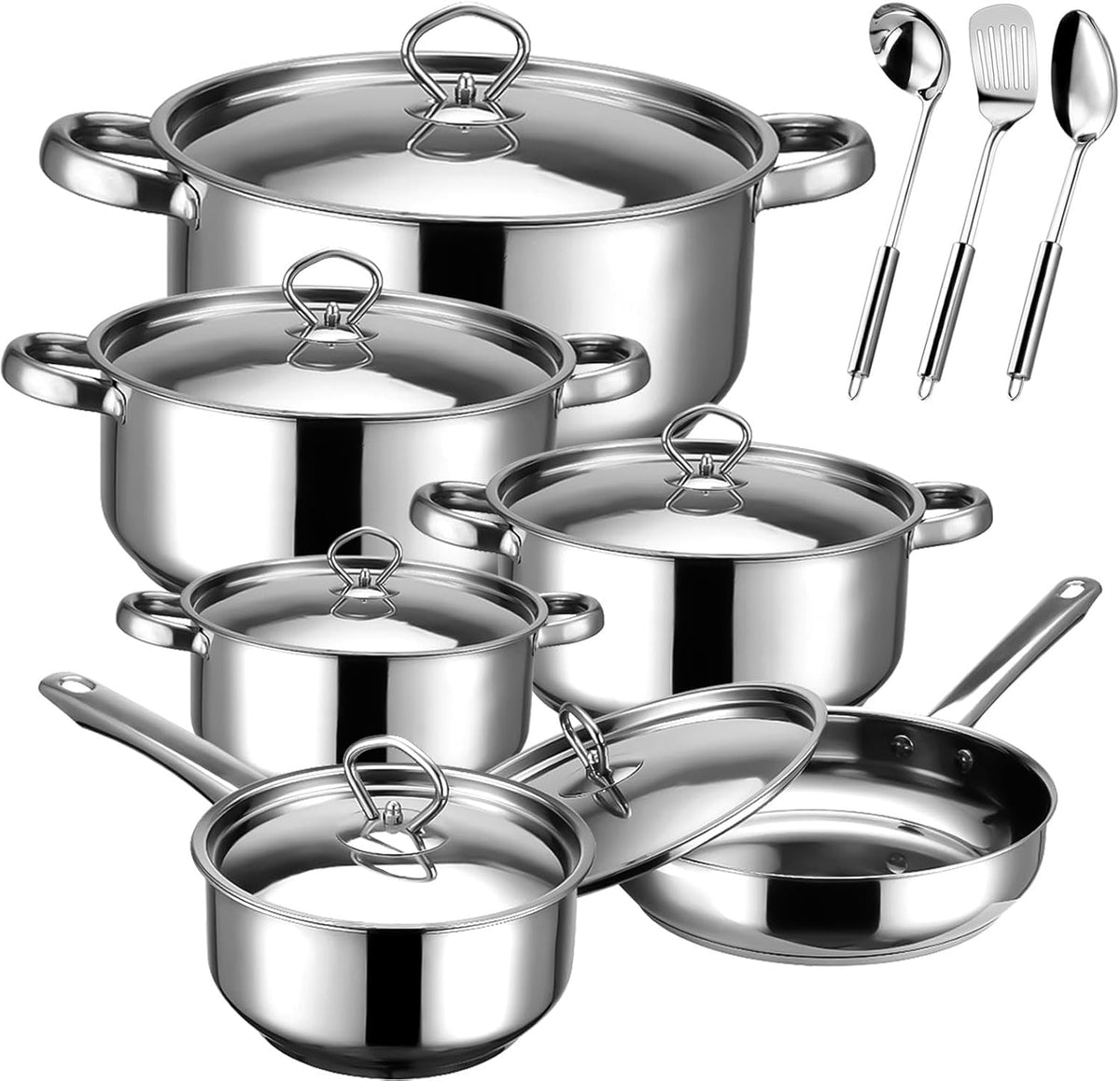 Stainless Steel Cooking Utensils Set - 6 Piece Kitchen Utensils Set, One Piece Seamless Handle Stainless Steel Utensils with Hanging Hole, Dishwasher Safe
