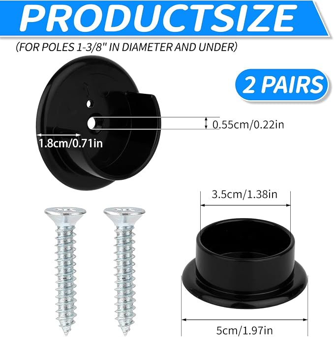 4pcs Closet Rod Holders, Plastic Closet Pole Sockets for 1-3/8" Rods Wardrobe Tube Support Bracket with Screws for Home Bathroom Curtain Clothing Store (Black)