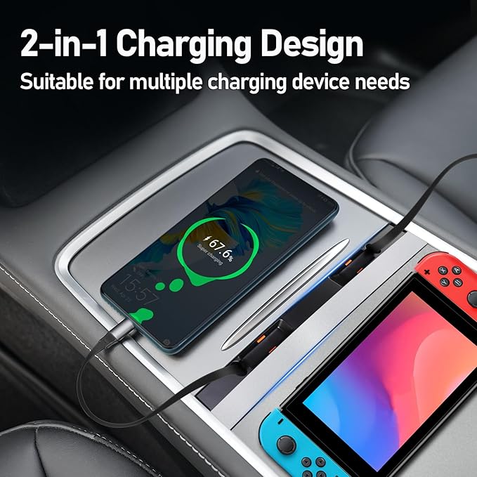 USB Charger Hub for Tesla Model Y 2021-2024 & Model 3 2021-2023 Accessories, Fast Charging Hub with Sliding Cover with Type-C+Lightning Retractable Cables (Not Fit Model 3 2024)