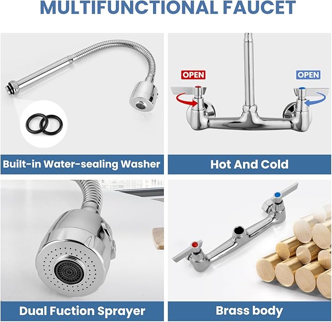 Airuida Chrome Polish Wall Mount Kitchen Sink Faucet 8 Inch Center Unility Faucet Wall Mounted Double Lever Handles Commercial Faucet with 360 Degree Rotation Sprayer Brass Valve Body Mixer Tap