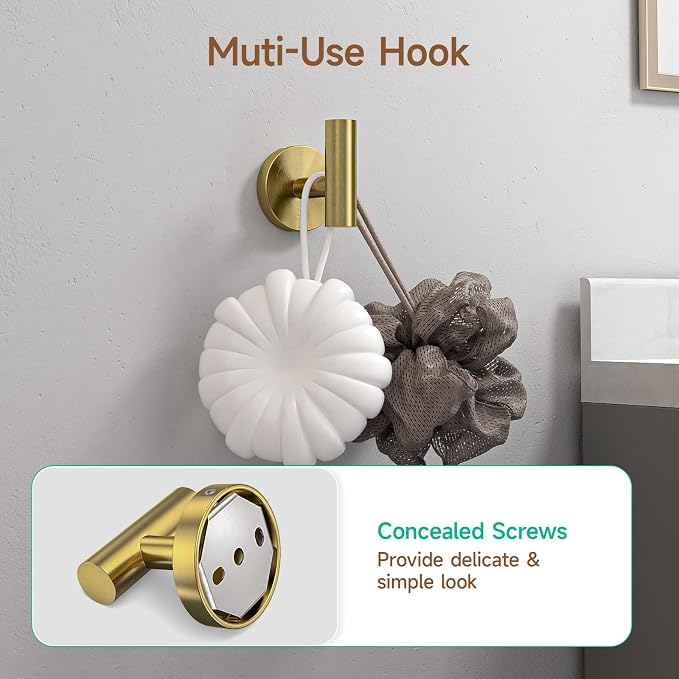USHOWER Brushed Gold Bathroom Accessories Set, 24-Inch Towel Bar Set Wall Mounted, Durable SUS304 Stainless Steel Bathroom Hardware Set, 8-Piece
