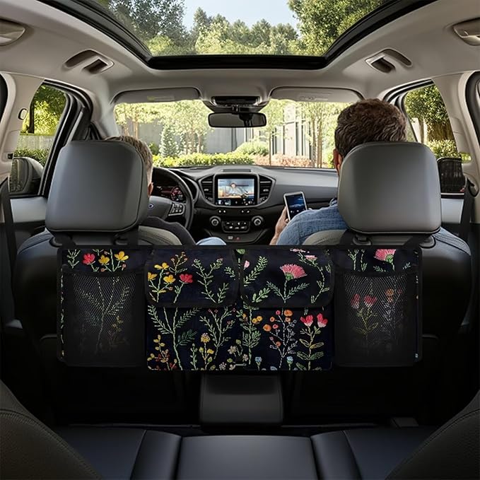 Floral Flowers Car Trunk Organizer, 4 Compartment, Foldable Back Seat Car Organizer, Car Accessories