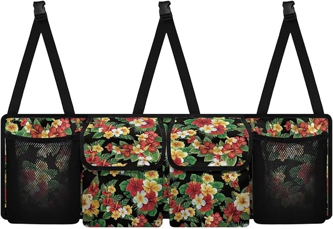 Tropical Flower Leaves Auto Back Seat Trunk Organizer Hanging Car Organizer Trunk Foldable Cargo Storage with 4 Large Pockets 3 Adjustable Straps 37x11.8inch