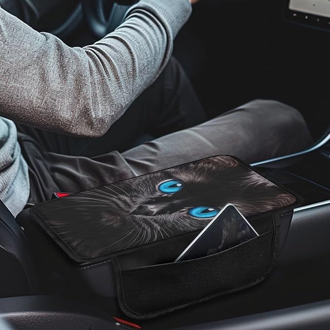 BIGCARJOB Black Cat Print Car Armrest Cover Cushion with 2 Storage Bags Universal Car Armrest Cover Center Console Armrest Pad with Pocket Animal Cat Print Armrest Seat Box Covers