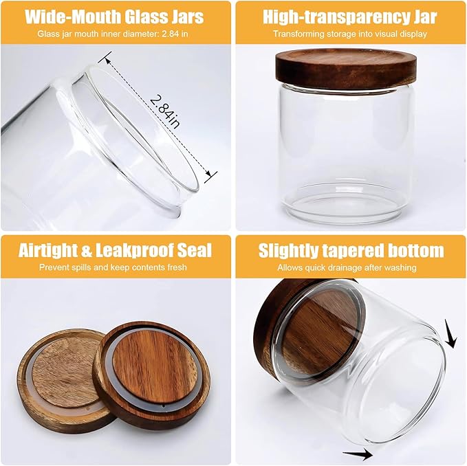 Flrolove Glass Canisters With Wooden Lids Kitchen Jars for Storage,Tea,Sugar and Coffee Container Set,Set of 5 Canisters for Candy, Cookie, Rice and Spice Jars