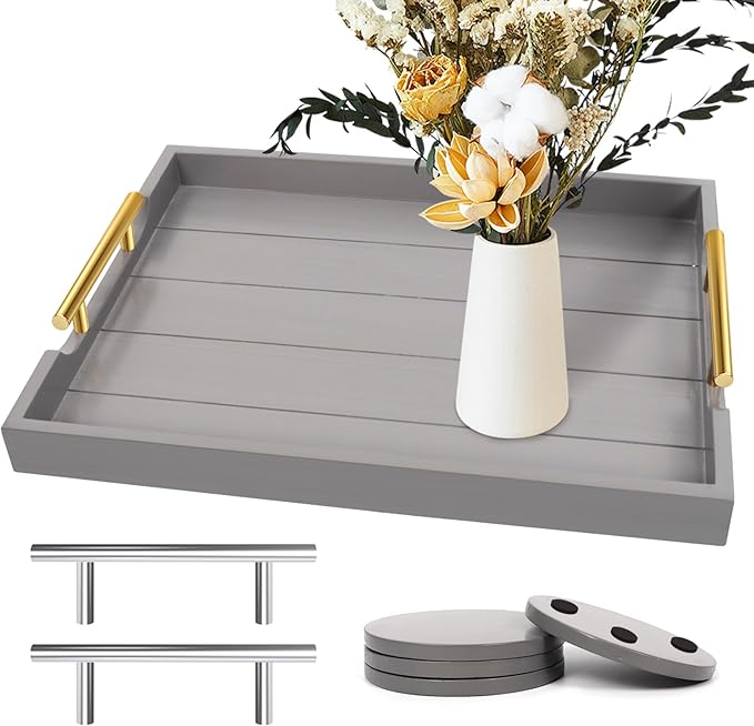 Wooden Serving Tray with 2 Sets of Handles,Large Ottoman Tray for Living Room, Rectangular Wood Tray for Coffee Table, Modern Farmhouse Kitchen Decor, 4 Round Coasters Included,Gray